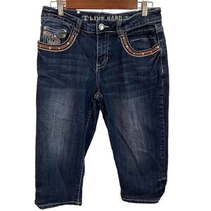 Live Hard size 8 crop/Bermuda dark wash with faux leather crystal embroidery